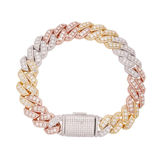 S.Silver Round Big Stone in Center Surrounded with Small Stones 12mm Moissanite Cuban Chain 8Inch Bracelet RP+GP+PP 10-7/8 Cttw