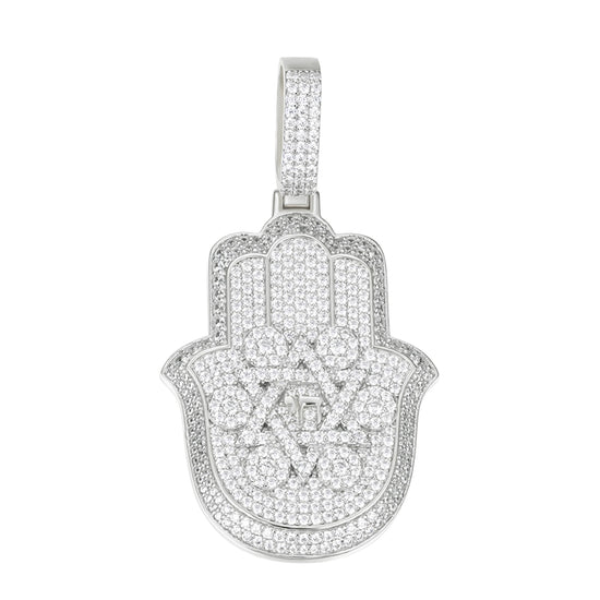 Sterling Silver Round Moissanite Hamza Hand Religious Pendant RP 3-5/8 Cttw
