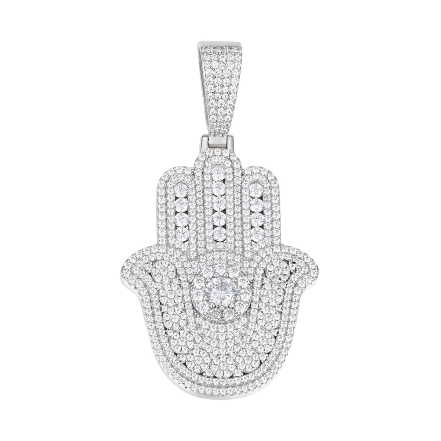 Sterling Silver Round Moissanite Hamza Hand Religious Pendant RP 4-3/8 Cttw
