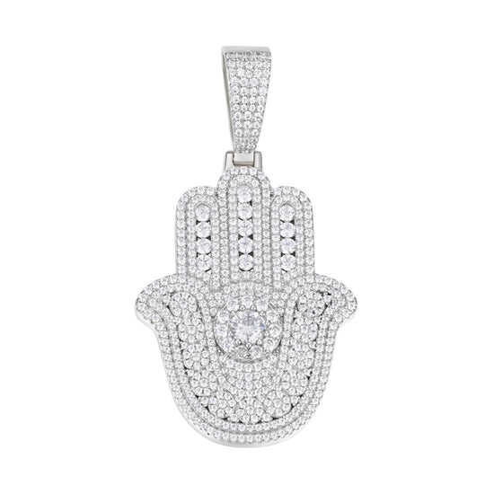 Sterling Silver Round Moissanite Hamza Hand Religious Pendant RP 4-3/8 Cttw