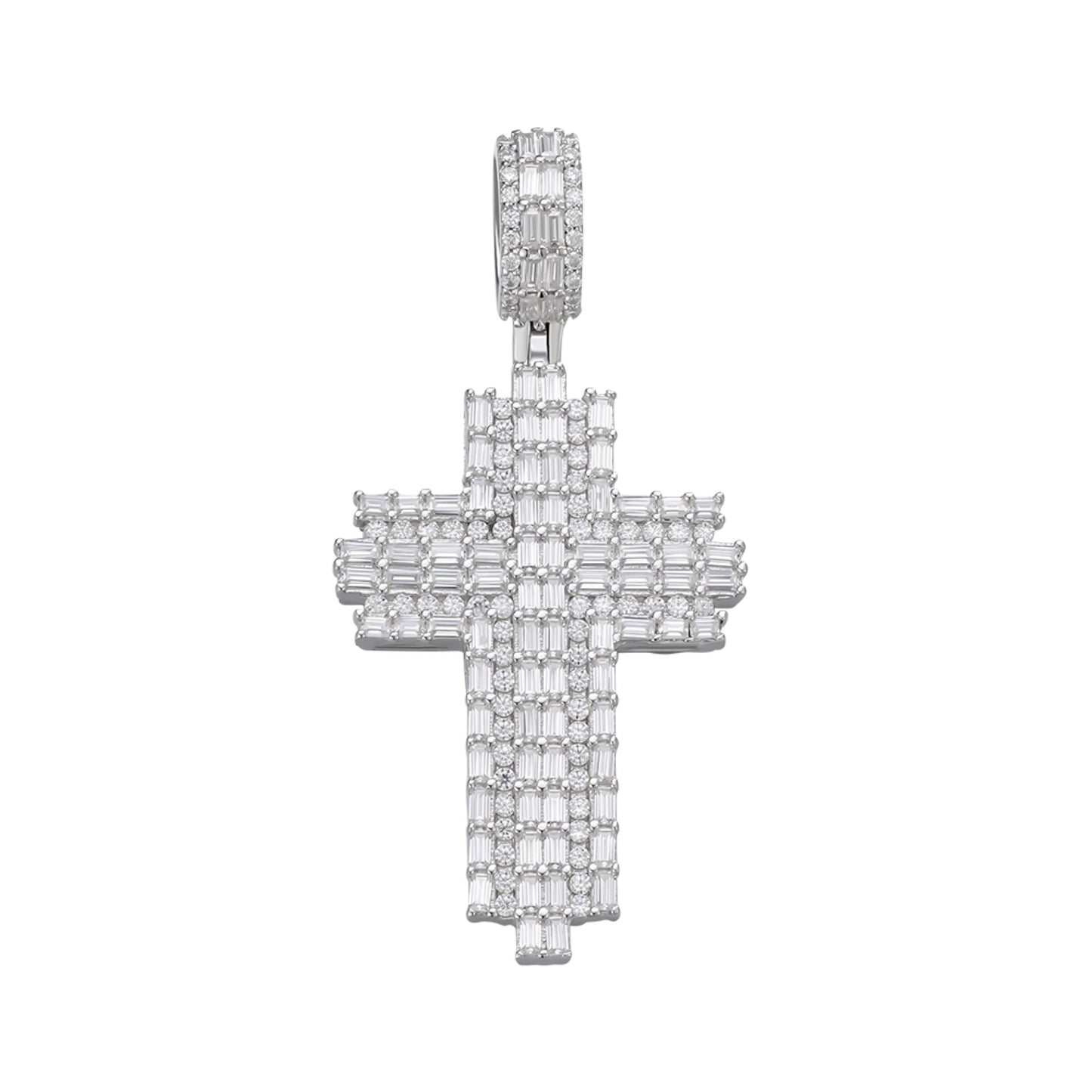 Sterling Silver 30mm Round Baguette Moissanite Cross Religious Pendant RP 2-3/4 Cttw