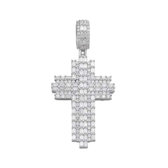 Sterling Silver 30mm Round Baguette Moissanite Cross Religious Pendant RP 2-3/4 Cttw