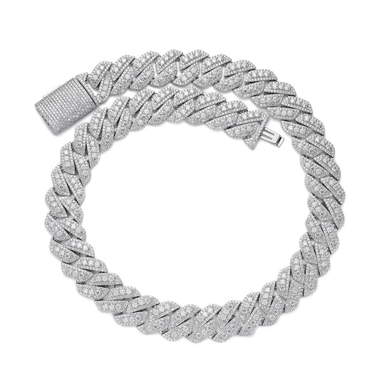 Sterling Silver Round Big Stone in Center Surrounded with Small Stones 12mm Moissanite Cuban Chain 8Inch Bracelet RP 10-7/8 Cttw