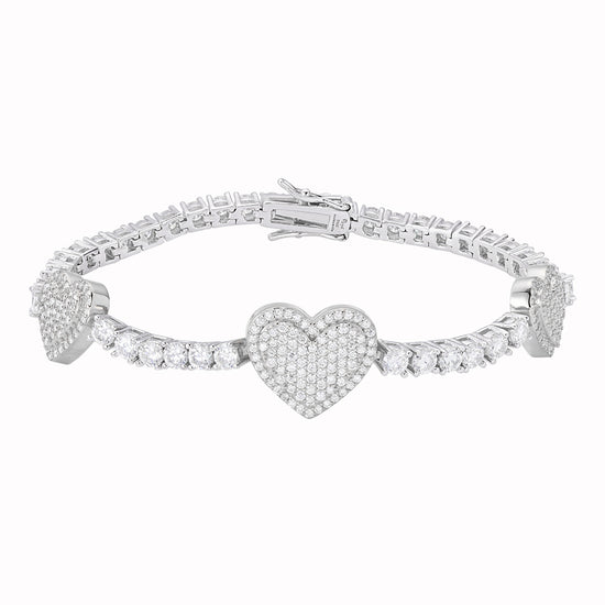Sterling Silver Round Moissanite 15mm Heart Designer With 3mm Tennis Chain 7 Inch Bracelet RP 1-1/8 Cttw