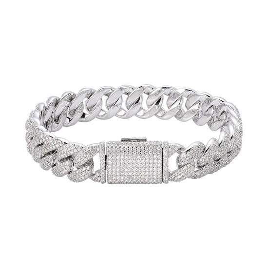 S.Silver Moissanite 12mm Cuban Bracelet 8 Inch PP 7-3/4 Cttw