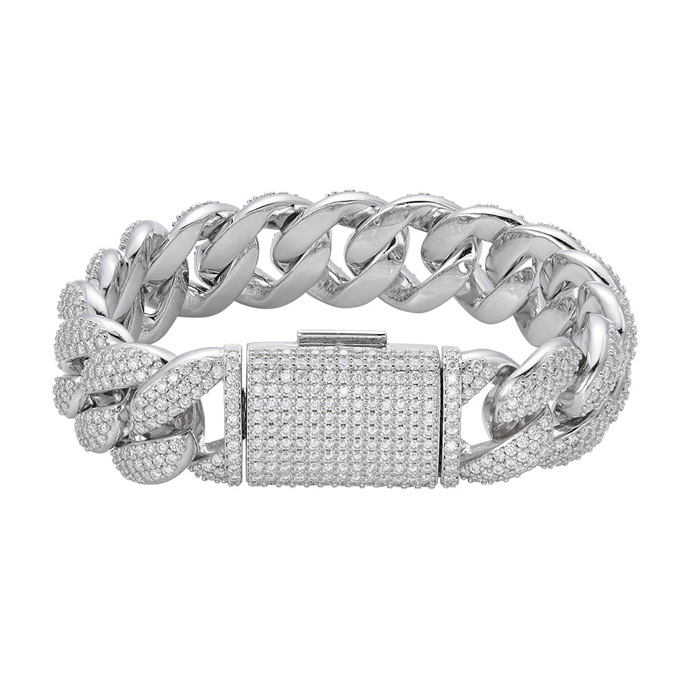 S.Silver Round Moissanite 20mm Cuban 8.5 Inch Mens Bracelet RP+PP 20-7/8 Cttw