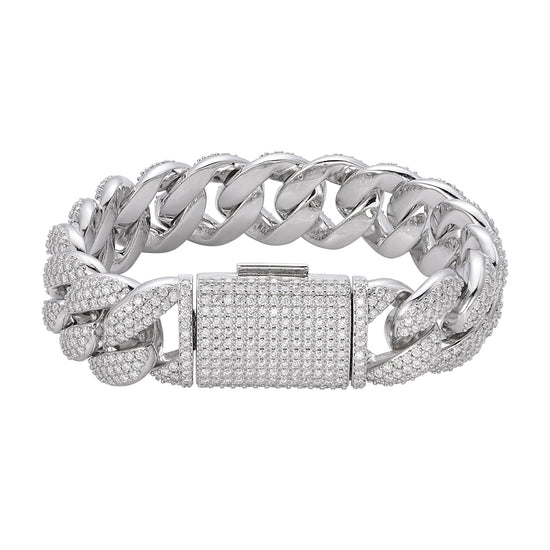 S.Silver Round Moissanite 20mm Cuban 8.5 Inch Mens Bracelet RP+PP 20-7/8 Cttw